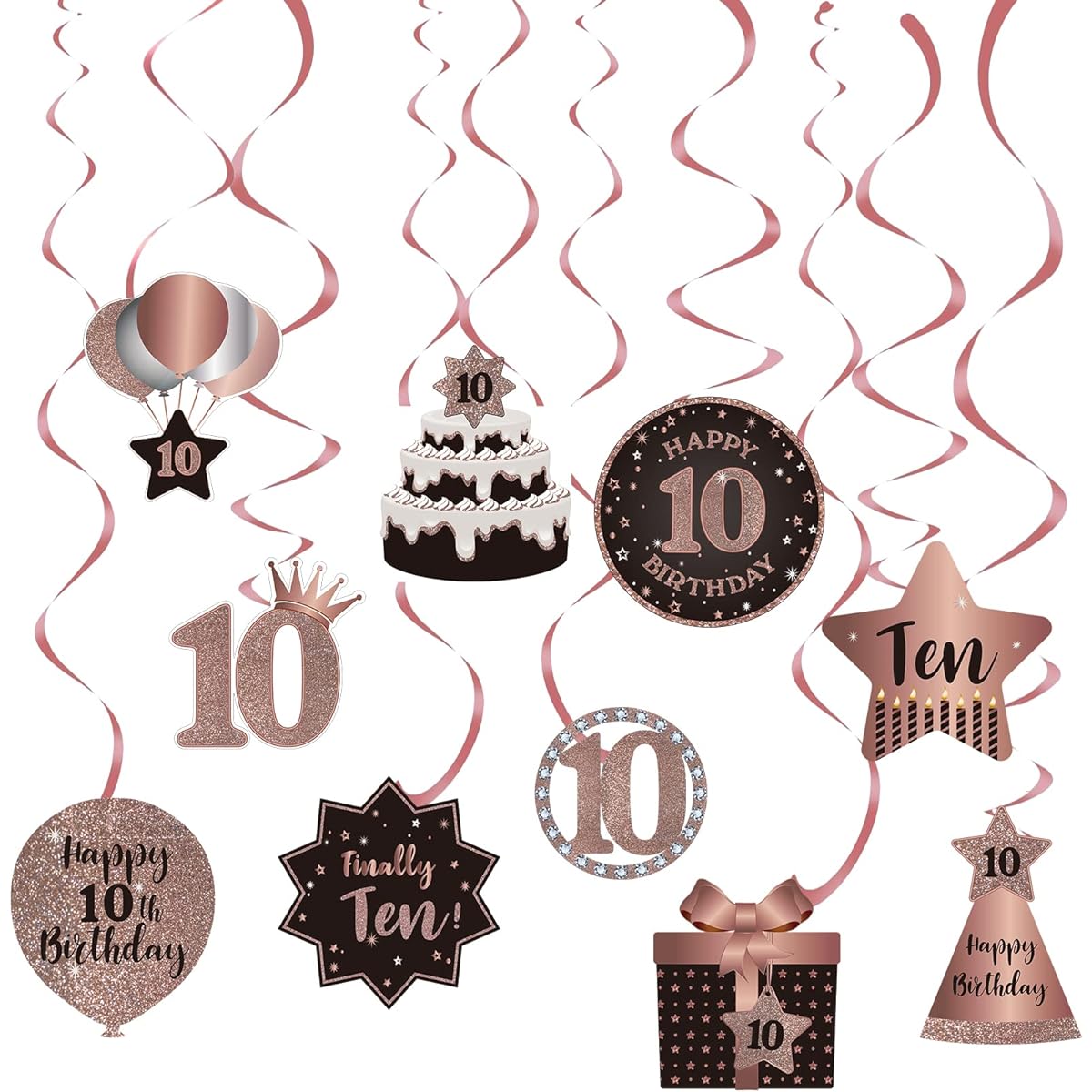 Happy 10th Birthday Hanging Swirls Stream Ceiling Decor Festive 10 Foil Hanging Swirls with Cutouts for 10 Years Old Rose Gold Birthday Party Decor Supplies