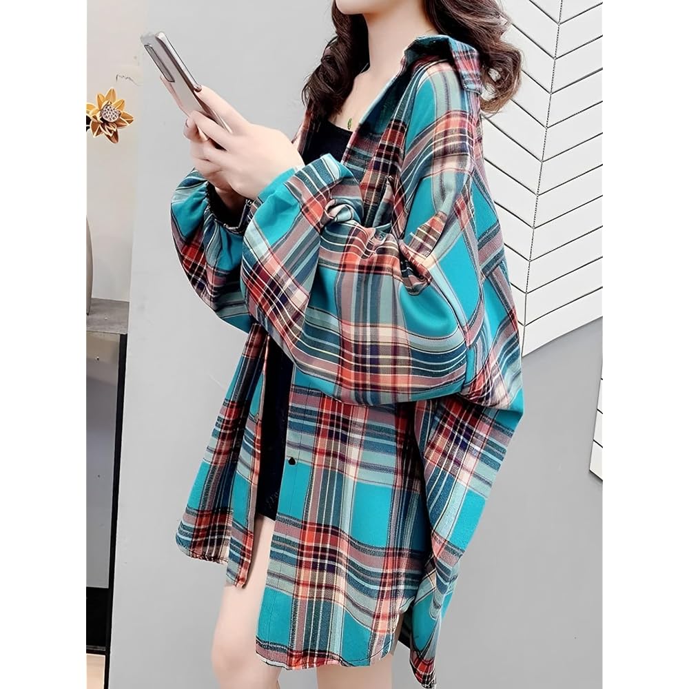 [Luxe Relax] Check Pattern Puff Sleeve Long Shirt, Long Sleeve, Loose, Spring, Autumn, Tops, Women's 21