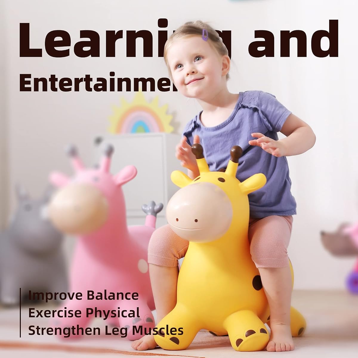Babe Fairy Giraffe Bouncy Horse Hopper for Toddlers - Jumping Horse Bouncy Buddies - Inflatable Bouncy Animal Hopping Toy Gift for Boys/Girls 18 Months 2 3 4 5 6