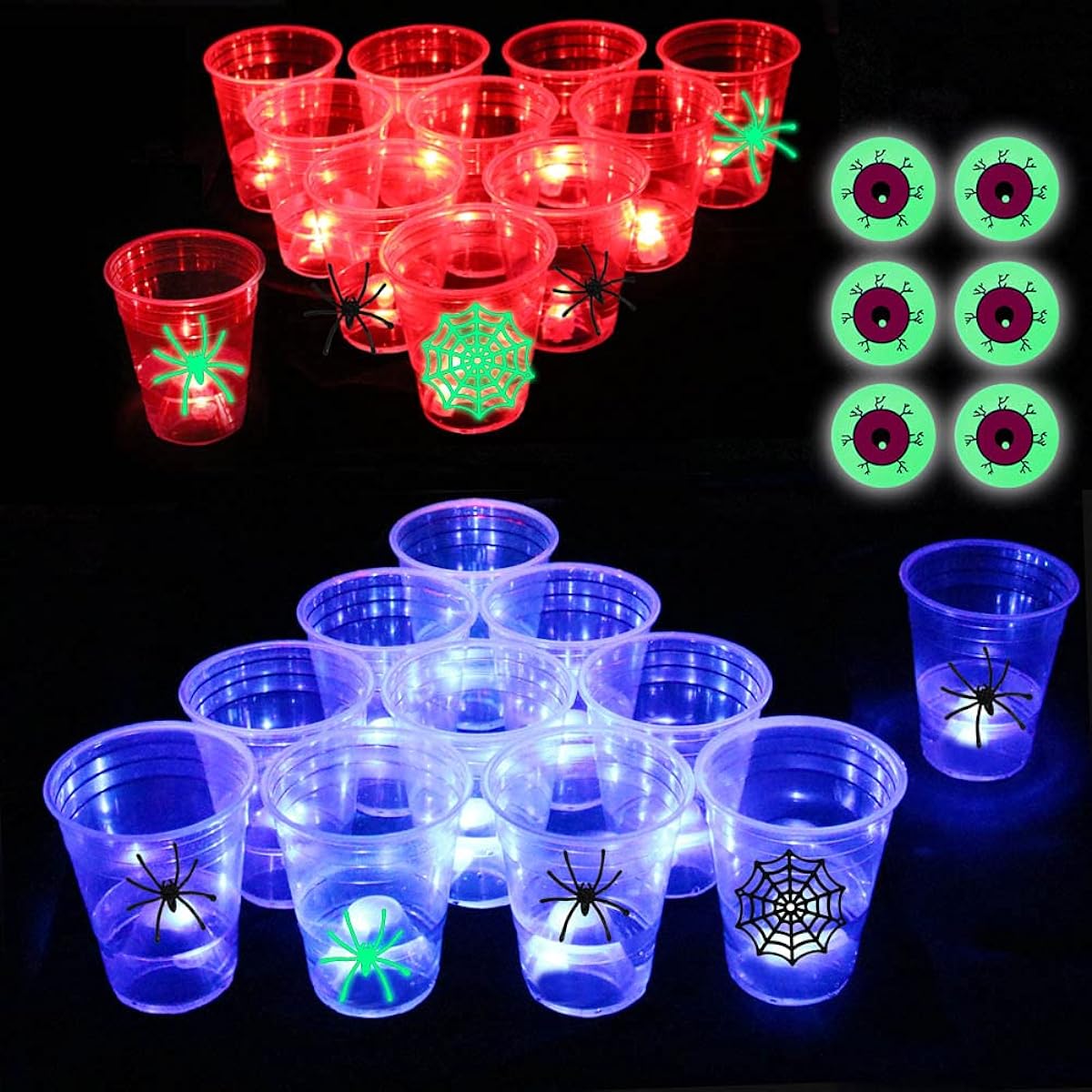 Six Senses Media Halloween Dark Beer Pong Set, Beer Pong Party Cup Set, LED Beer Pong Cups and Glow in the Dark Balls, Set of 22