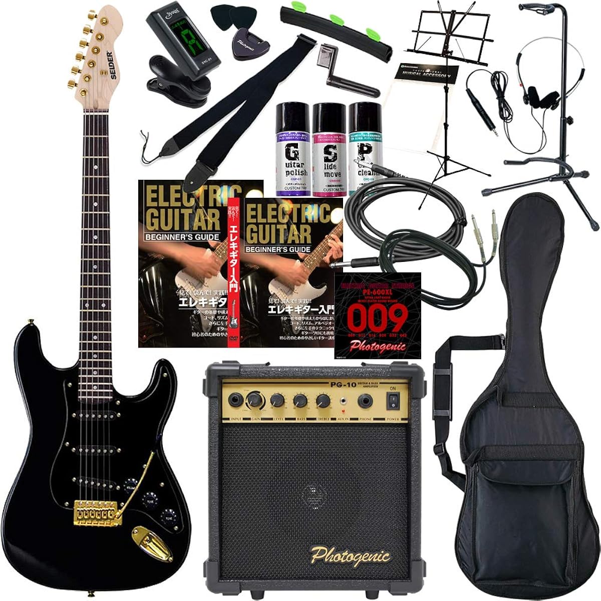 SELDER Electric Guitar Stratocaster Type Sakura Musical Instruments Original STG-18/BK Beginner 20-piece Set