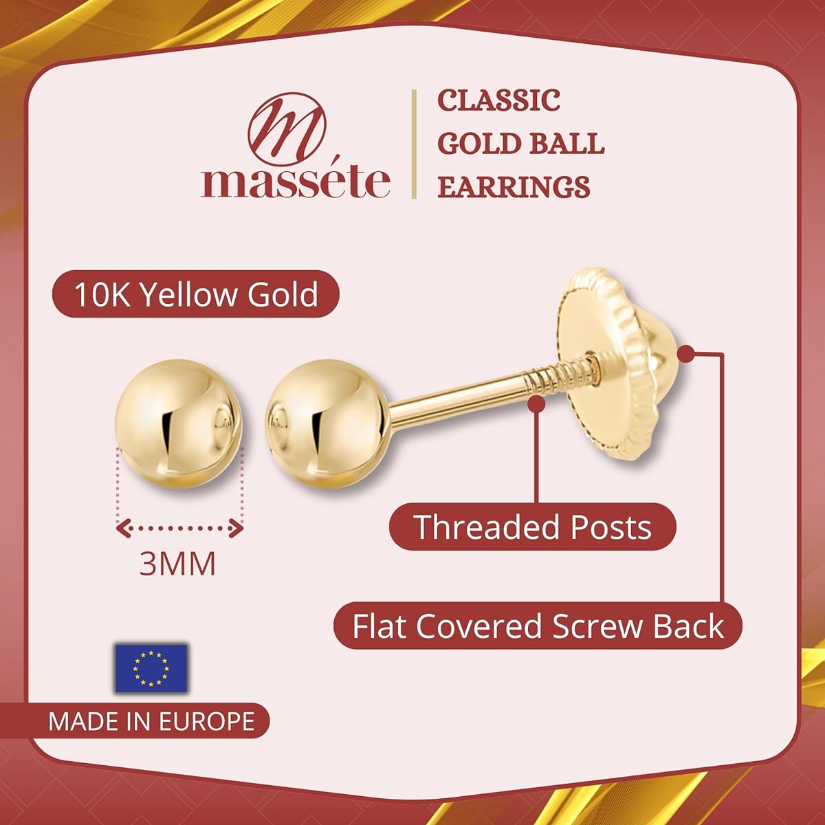 10K Yellow Gold Stud Back Polished Screw Ball Earrings Second Earrings for Children Kids Baby Adults