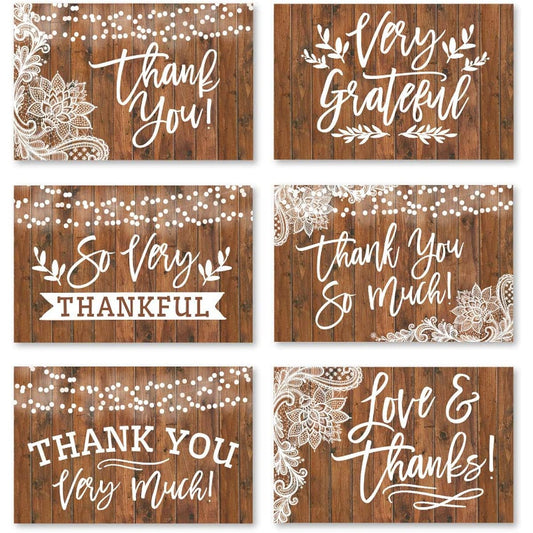 24 Rustic Wooden Thank You Cards with Envelopes for Adult Funeral, Sympathy, and Gift Gratitude for Graduation, Birthday, Baby, Country, Western Bridal Wedding Shower for Boys, Girls, and Kids