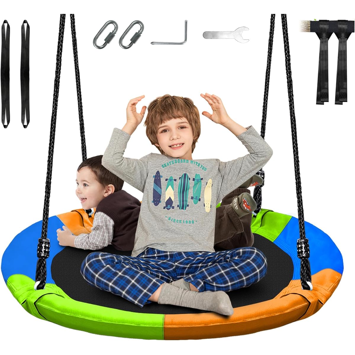 BemerforS 40" Saucer Tree Swing Set for Kids, 600lbs Waterproof Flying Swing Seat Circle Swing Steel Frame Adjustable Rope Large Round Tire Swing Tree and Swing Set