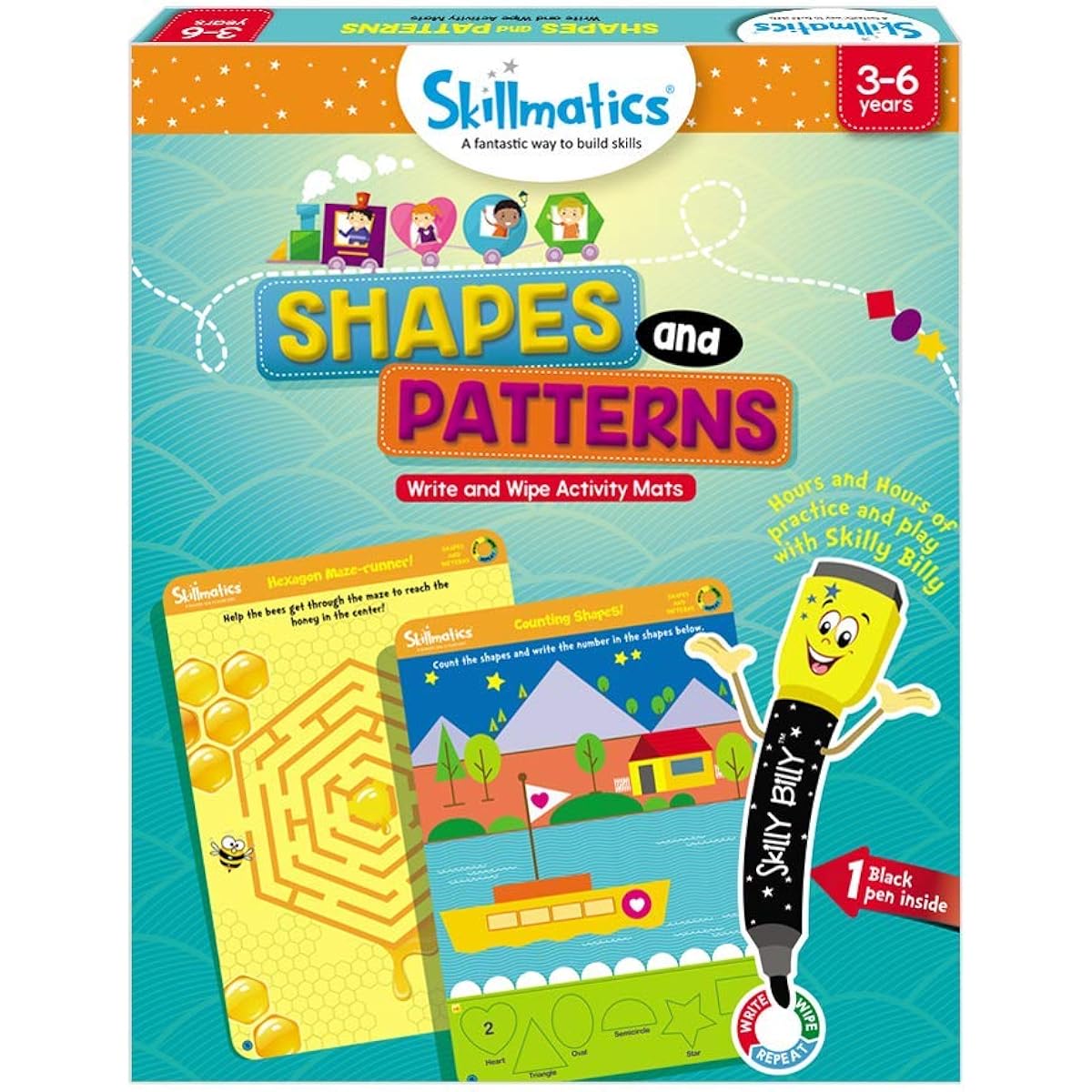 Skillmatics Educational Games: Shapes and Patterns (3-6 years) | Reusable Activity Mat | Travel Friendly Toy with Dry Erase Markers | Learning Tool for Boys and Girls 3, 4, 5, 6 Years, Multicolor