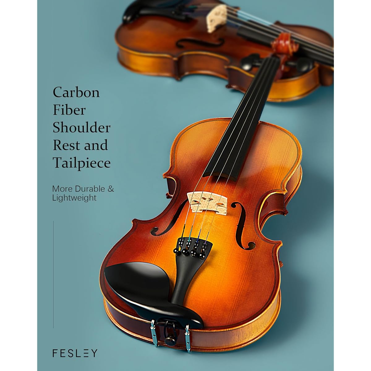 Fesley 4/4 Full Size Violin Set 4/4 Violin for Beginners and Adults with Hard Case, Solid Wood Fiddle with Bow, Rosin Shoulder Rest, Tuner, Extra Violen Strings, Cleaning Cloth, Finger Guide