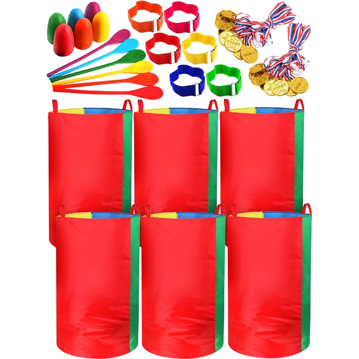 6 Pack Potato Sack Race Bags Outdoor Game Set for Kids and Adults Egg Spoon Race Game 3 Leg Race Bands Champion Gold Medal for Birthday Party Outdoor Yard Carnival Games Family Activities
