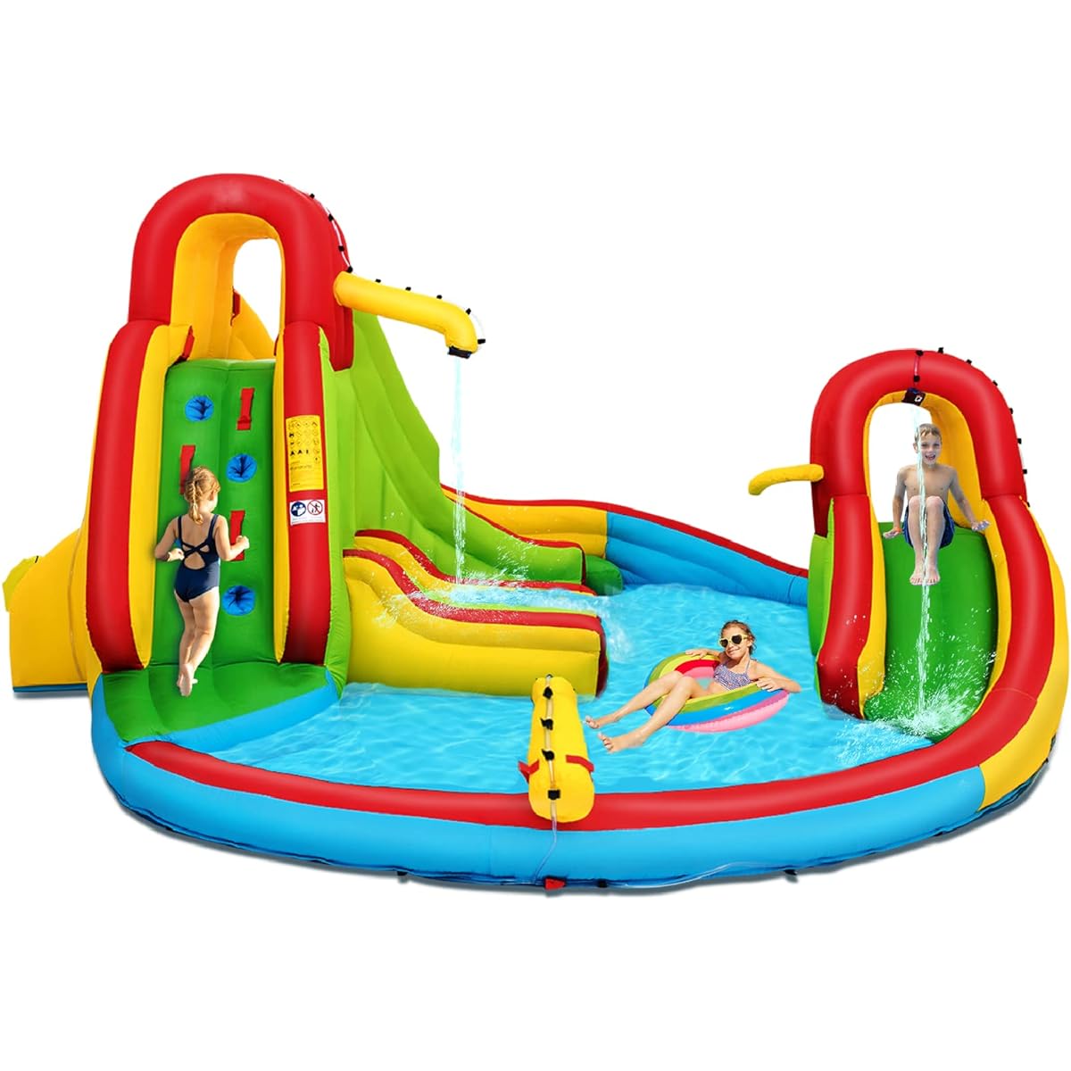 HONEY JOY Inflatable Water Slide, 7-in-1 Bouncy Inflatable Water Park with 2 Slides, Climbing Wall & Splash Pool, Hose, Water Cannon, Indoor Outdoor Blow Up Water Slide for Backyard (No Blower)