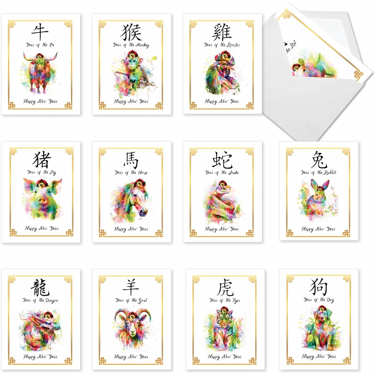 The Best Card Company Lunar New Year Note Cards Box Set, Set of 12 4 x 5.12 Inch with Envelopes (1 of 12 Designs), Chinese Zodiac AM10974LNG-B1x12