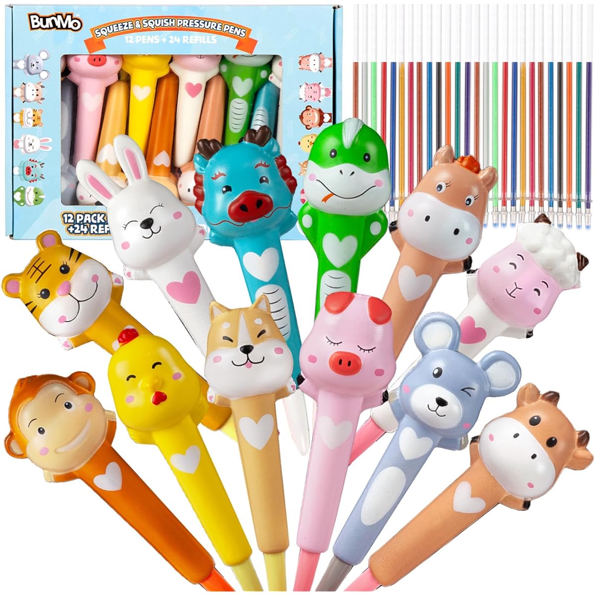 BUNMO Squeeze Pens 12 Pack | Cute and Fun Pens for Kids | Creative Fun | Great Stress Relief | Stationery for Girls | Party Favors | Toys for Tweens
