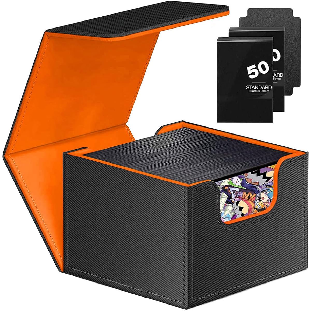 Scimi Card Deck Box Sleeves for 150+ Cards - Compatible with EDH/Commander/Pokemon/MTG/KeyForge/YuGiOh/TCG/CCG Pack of 100 Card Sleeves (Black/Orange)