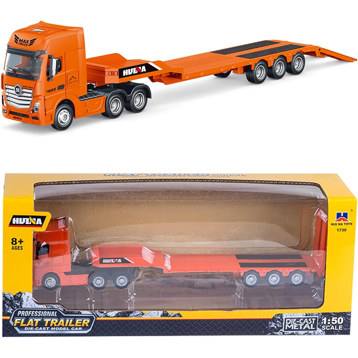 Gemini & Genius Flat Trailer Truck Toy Heavy Duty Alloy Construction Toy Vehicle 1:50 Scale Diecast Trailer Truck Kids Toy Truck