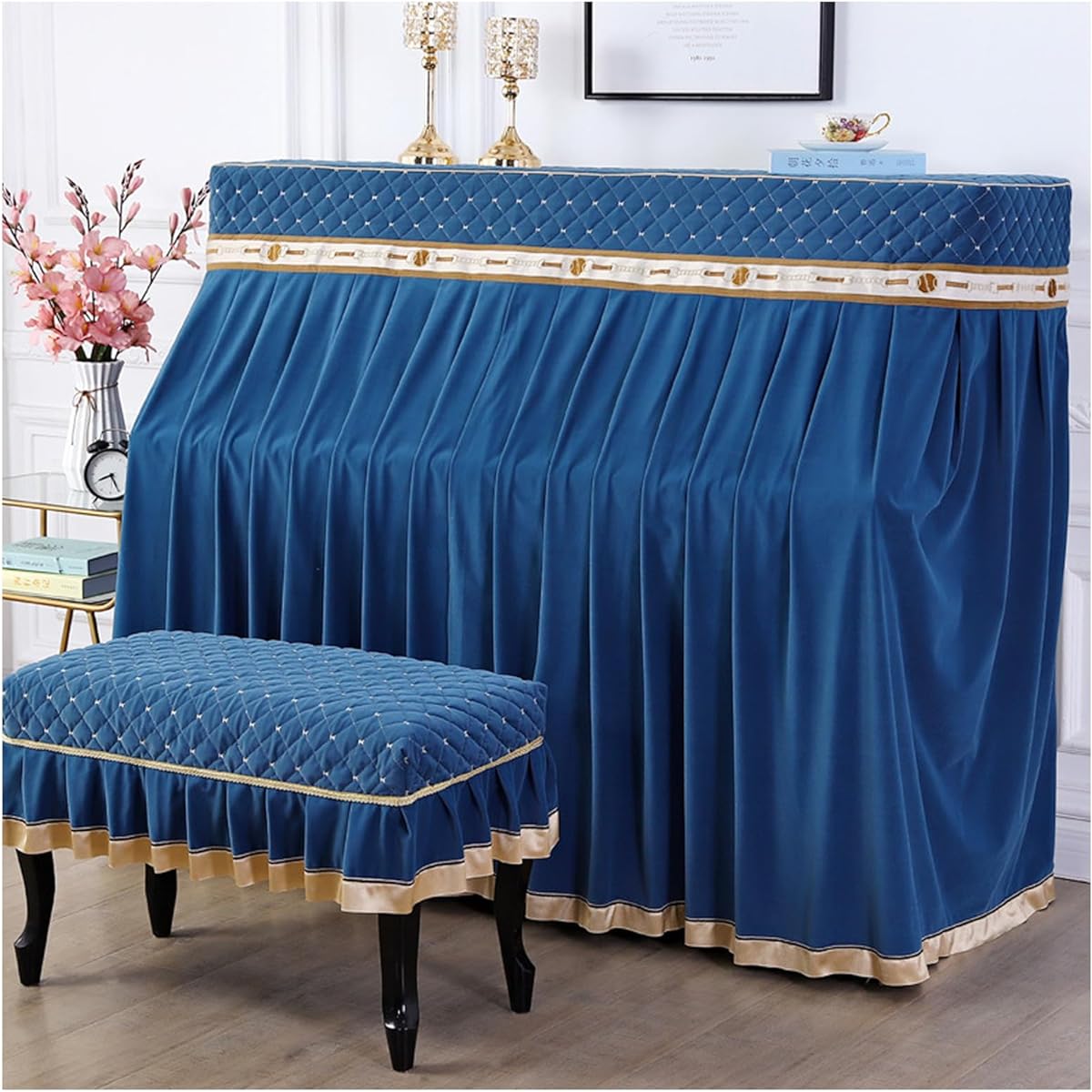 Complete piano dust cover, piano stool cover, thick European style piano cover, embroidered craft, soft, breathable, washable, a gift for the family, easy to use (Color: B)