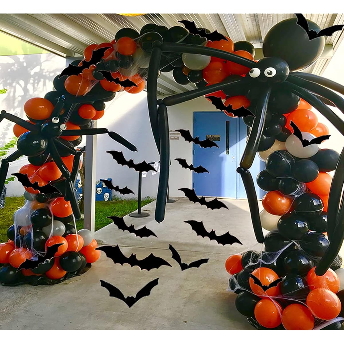 BONROPIN 203 Pieces Halloween Balloon Garland Arch Kit, Halloween Spider Web Bat Black Orange Grey Balloons Spider Balloons for Halloween Party Decorations