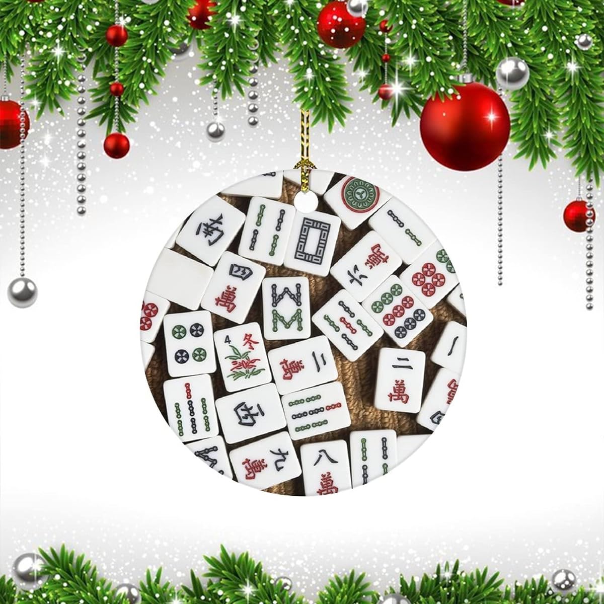 Mahjong Tiles Double Sided Printed Circle Hanging Ceramic Christmas Ornament 3 Inch Happy New Year Gift Anniversary Pendant