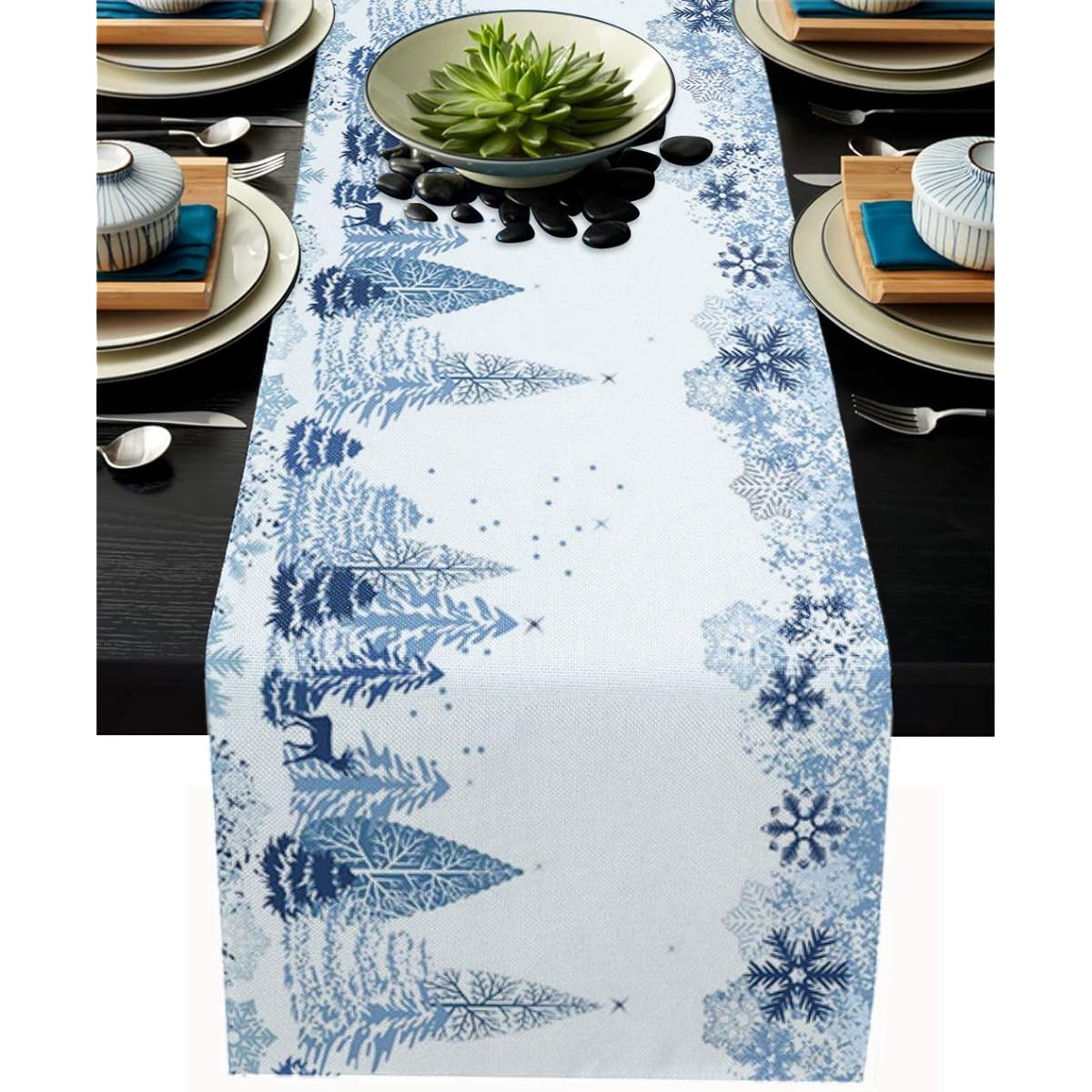 EZON-CH Durable Cotton Linen Table Runner Blue Winter Theme Christmas Tree/Snow Home Table Runner Decorative Easy Care 14x72 Inch