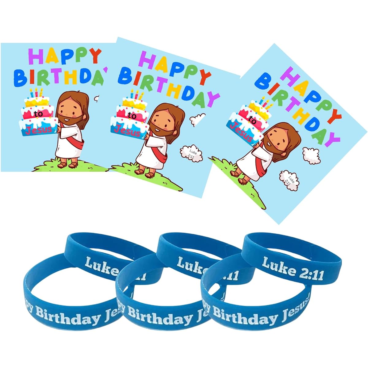 Happy Birthday Jesus Party Supplies, Set of 25 Christmas Greeting Cards with Bible Verse Luke 2:11 Silicone Wristbands, Small Size for Church, Sunday School, Christmas Party