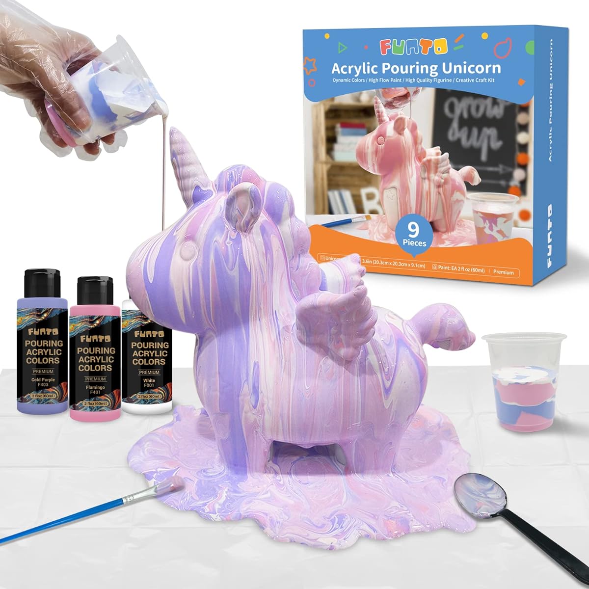 Funto Acrylic Polling Unicorn Piggy Bank - High Flow Paint Perfect DIY Arts & Crafts Kit Rainbow Unicorn Coin Bank Unbreakable Non-Toxic Great Gift for Kids Savings and Home Decoration