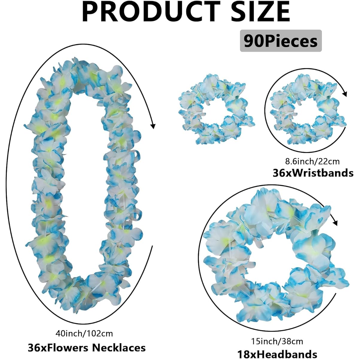 48pcs Heavyweight Hawaiian Leis Bulk Tropical Flower Leis Jumbo Set with 12 Headbands, 24 Bracelets and Floral Necklaces Hawaii Party Supplies Floral Garland Hula Luau Party Decorations Graduation Leis Birthday Beach Wedding Favors (Blue)