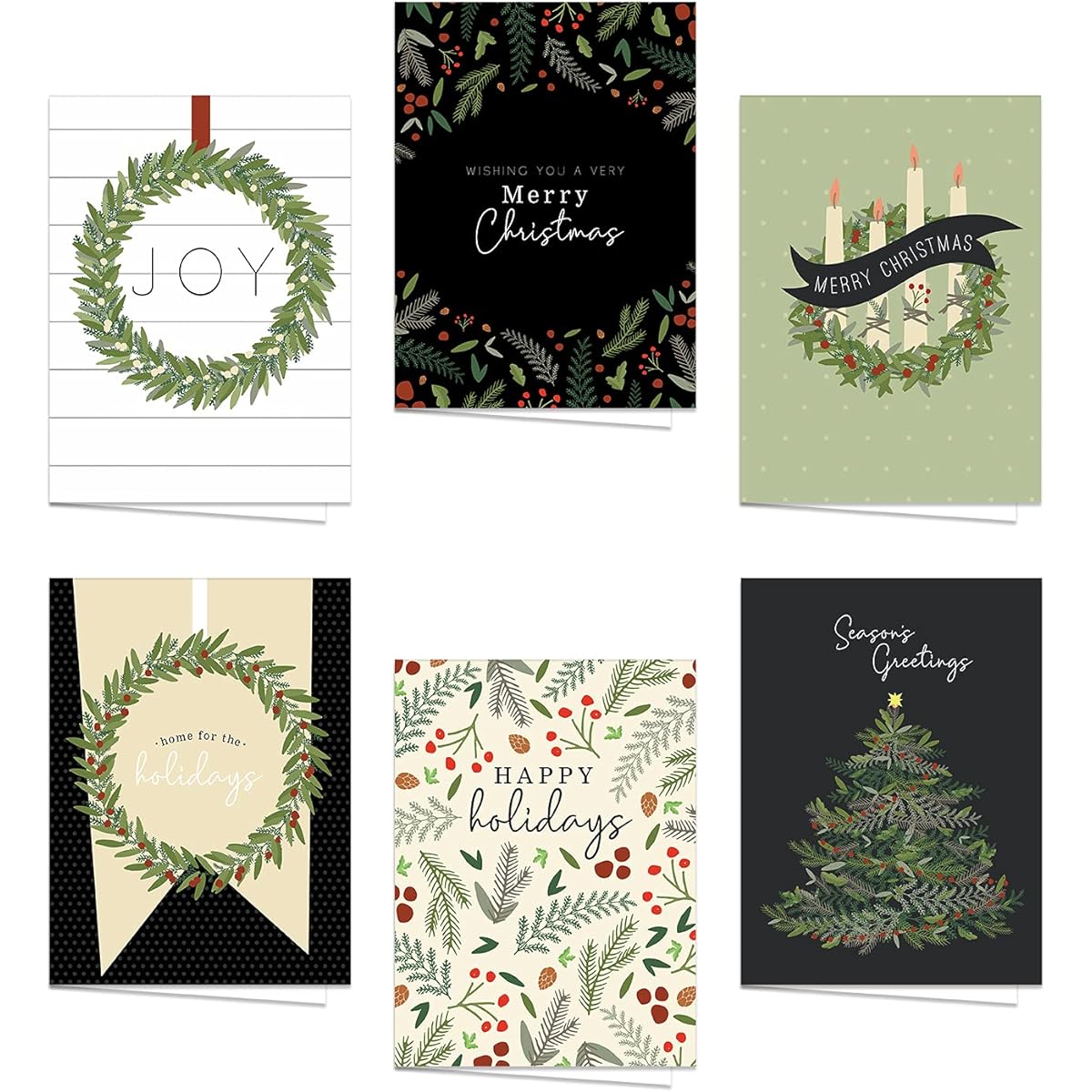 Farmhouse Style Holiday Card Pack / 24 Modern Magnolia Wreath Christmas Note Cards with White Envelopes / 6 Illustrated Holiday Designs / 4 5/8" x 6 1/4" Season's Greeting Cards