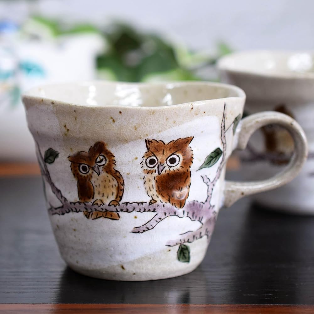 Mug Pair Set Kutani Ware Owl Stylish Pottery Luxury Brand Tableware Made in Japan
