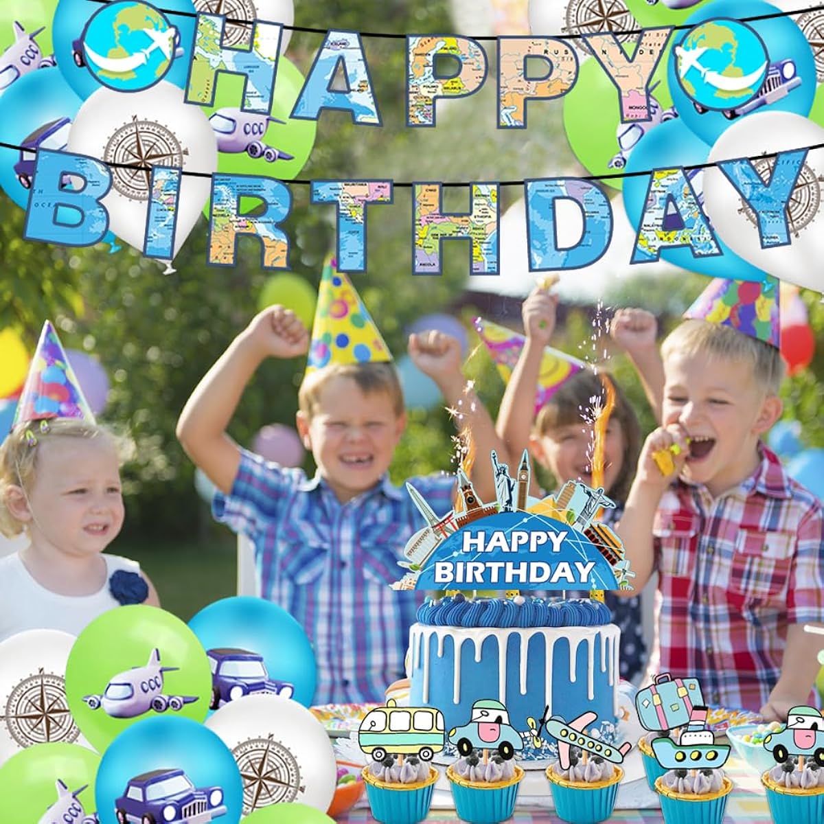Dulousia Travel Theme Birthday Party Decorations - Happy Birthday Banner, Around the World Travel Balloons, Adventure Cupcake Toppers, Retirement Farewell Party, Baby Shower, Graduation