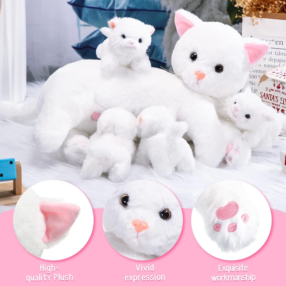 Nurturing Cat Plush Toy Kitten Baby Stuffed Toy Girls Boys Stuffed Kitty Mummy Cat 4 Baby Cats Birthday Party Favors Gift (Warm Style)