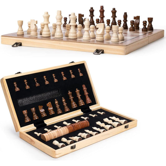 15" Wooden Chess Set | Folding Board with 2 Extra Queens | Magnetic Chess Board Set for Adults & Kids, Piece Storage Slots, Checkers Game for Kids, Portable Travel Chess Game for Beginners