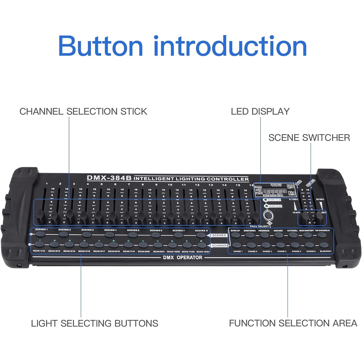 DMX Controller 384 Channel Fog DMX-512 DJ Controller Support 30 Banks 8 Scenes 24 Fixtures Stage Lighting Console Program Editing DJ Light Show Bar Club Live Christmas, ZQ12007