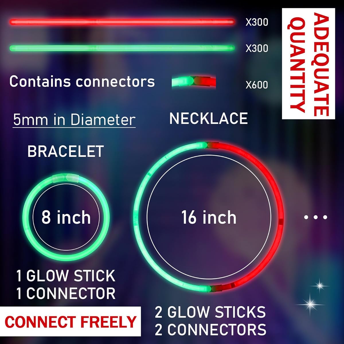 Libima 600pcs Glow Sticks Bulk Purchase with 600pcs Connectors 8" Glow Stick Necklace Glow Stick Bracelet Glow in the Dark Party Supplies for Christmas New Year Halloween Carnival Party Red Green