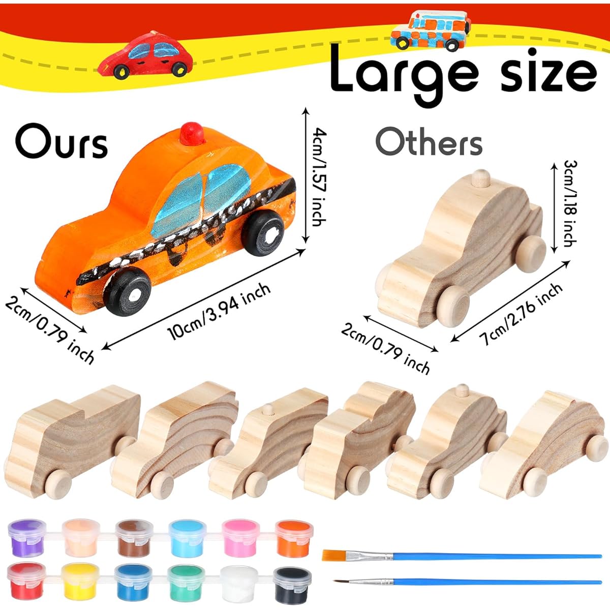 Lenwen 6pcs Large Unfinished Wooden Cars to Paint, 4" Wooden DIY Car Toy, 12 Colors Acrylic Paint Set for Students, Easy Woodworking Set, Family Activity, Arts & Crafts Kit
