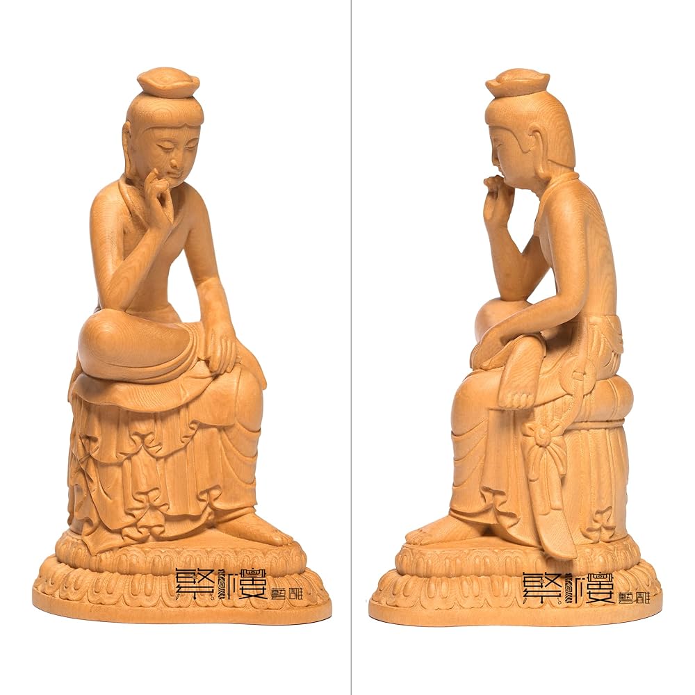 Hanro Art Sculpture Buddha Statue Maitreya Bodhisattva Half-prostrate Thought Statue Wood Carving Buddhist Altar Buddha Statue Ornament Wooden Cypress Wood Color (Height 12 cm x Width 5.5 cm x Depth 7 cm) (Log Wood Color)