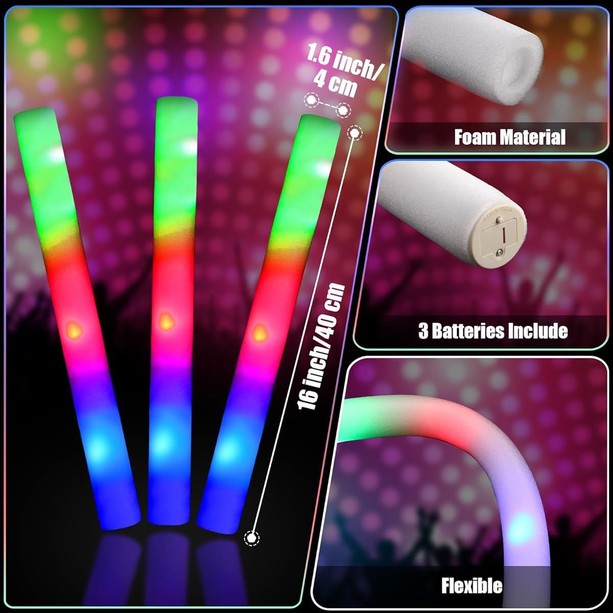 Libima Foam LED Glow Sticks 350pcs Bulk Light Up Foam Sticks 3 Modes Flashing Glow in the Dark Wands Party Favors for Birthday Wedding Rave Concert Camping Festival Halloween Christmas Party Supplies