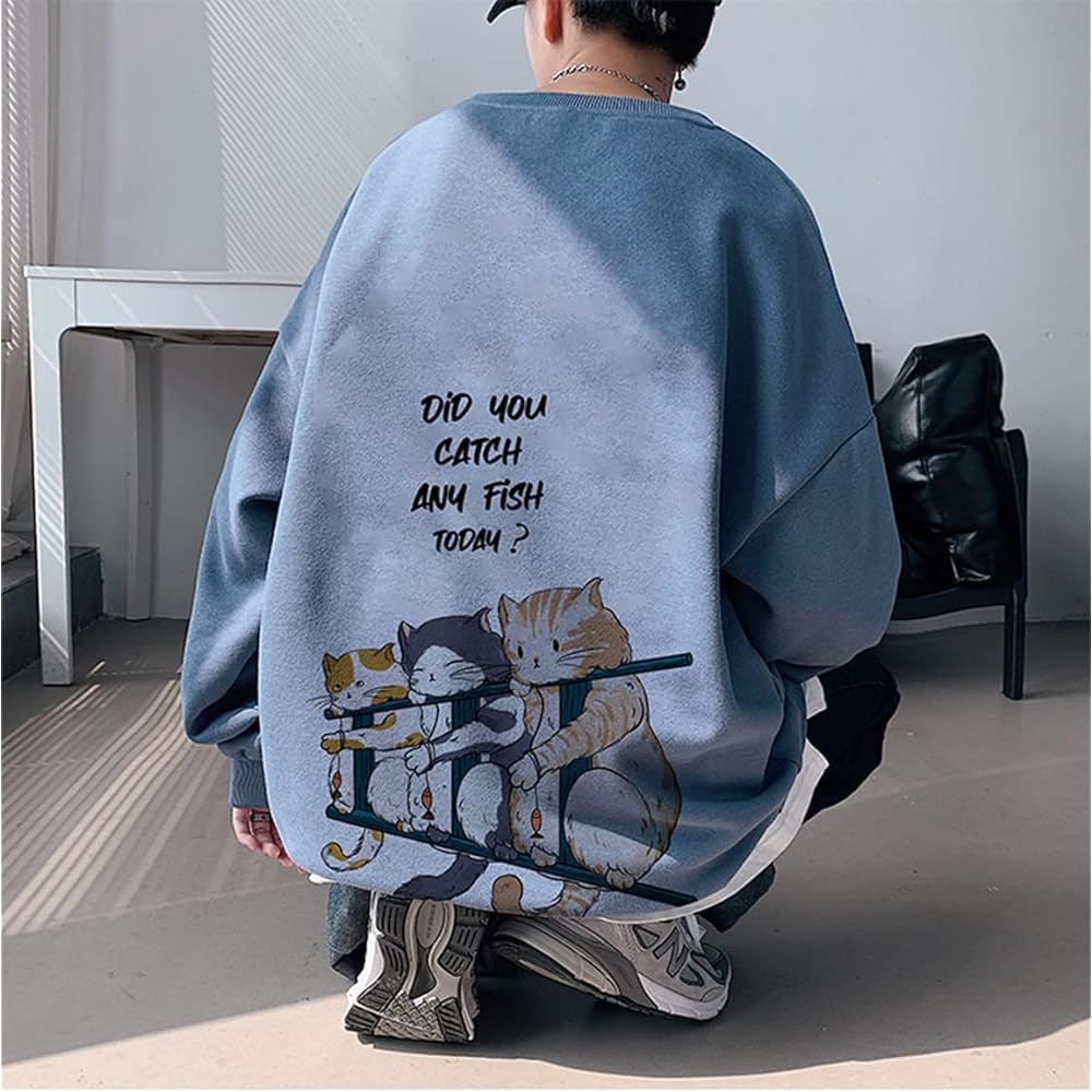 [ARIGADOU] Men's Sweatshirt, Fleece-lined Parka, Long Sleeve, Back Cat Print, Oversized, Thick, Cold Protection, Warm, Loose, Stylish, Autumn/Winter Clothes