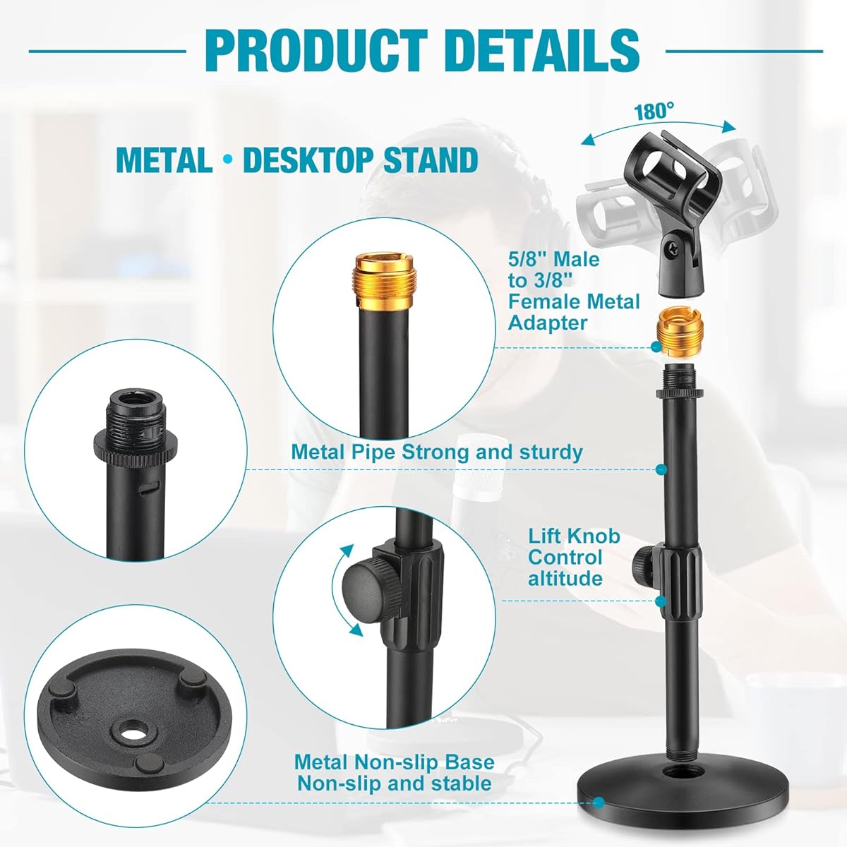 Hoteam 4 Pieces Desktop Microphone Stand Adjustable Table Microphone Stand Mic Clip Mic Stand Desk with 5/8" Male to 3/8" Female Thread Metal Round Base for Table Desk Interview Black