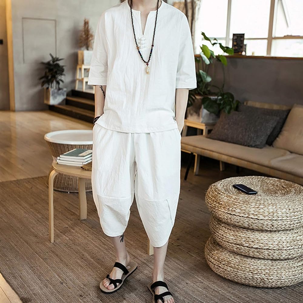 [JIAYBL] Men's T-shirt, Plain Top and Bottom Setup, Tops, Half Shorts, Loungewear, Large Size, Spring/Summer