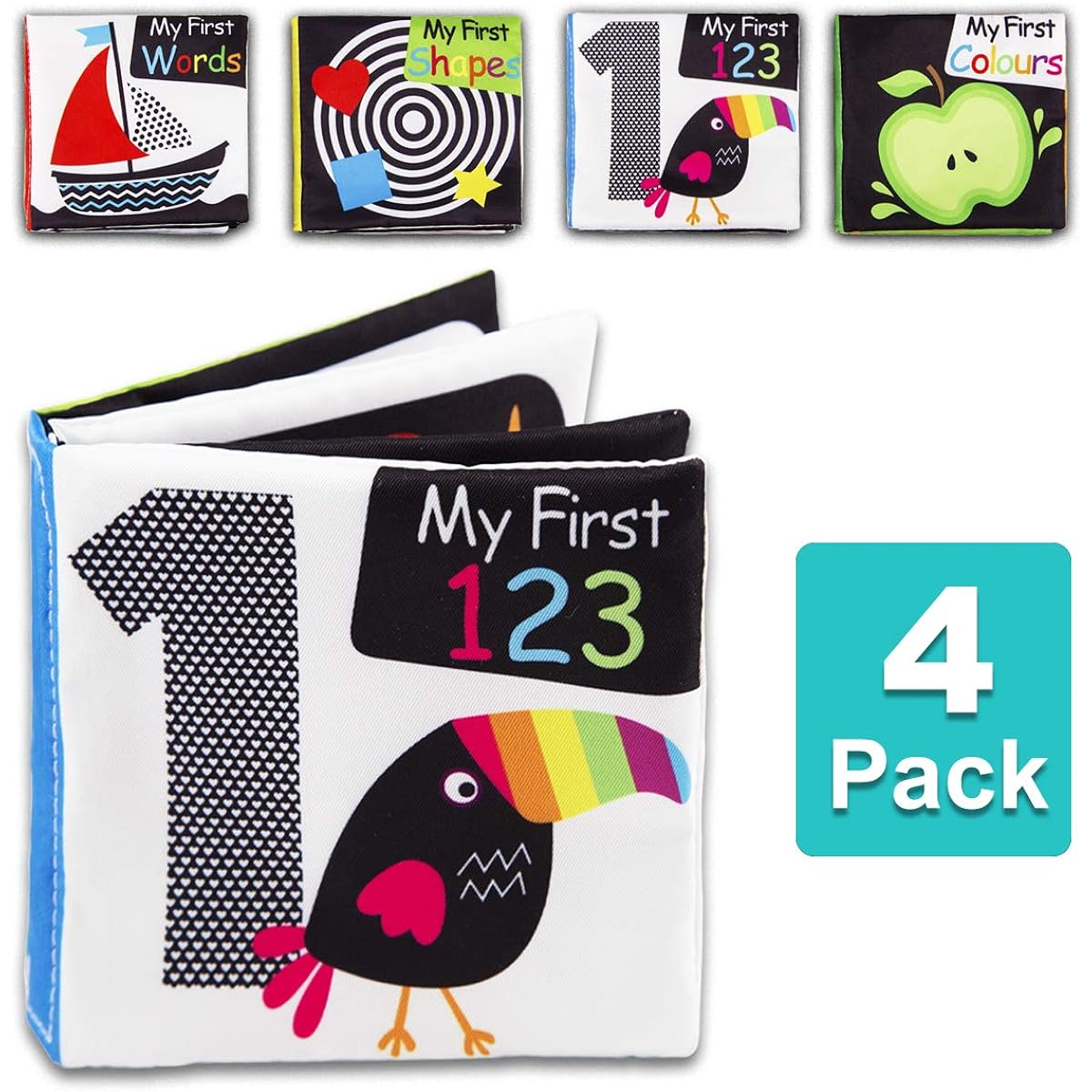 Baby First Soft Activity Cloth Book Set - High Contrast Black and White Interactive Crinkle Soft Book Bundle for Toddlers, Early Education, Brain Development - Numbers, Words, Shapes, Colors