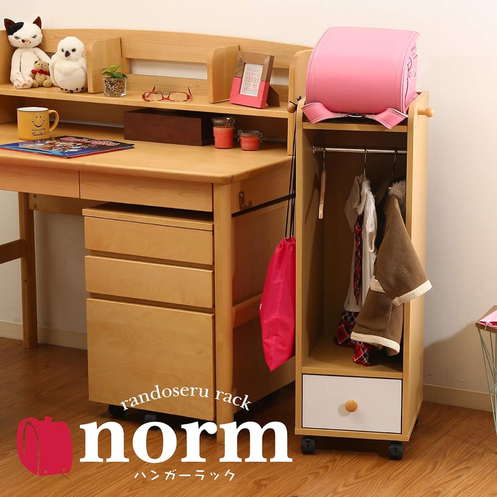 Fuji Boeki Children's School Bag Hanger Rack Width 29.5cm Natural Wooden Drawer with Casters NORM 98890