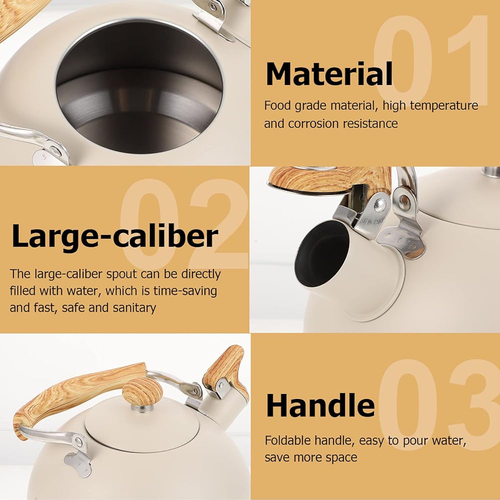 OUNONA Kettle, Whistling Kettle, 2.5L, Kettle, Large Capacity, IH Compatible, Stylish, Wood Grain Handle, Stainless Steel, Scandinavian Style, Wide Mouth, Family Use, Gas Stove, Cute Cooking Utensil, Beige