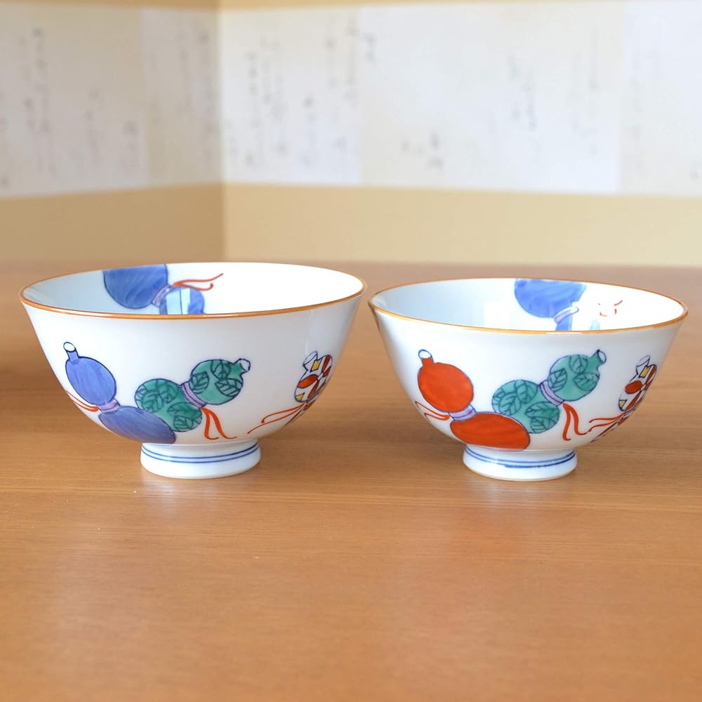 Umbrella life celebration, lucky charm gift for good health, Arita ware couple's bowl, rice bowl, pair, Nabeshima six gourds, noshi and message card included, wooden box