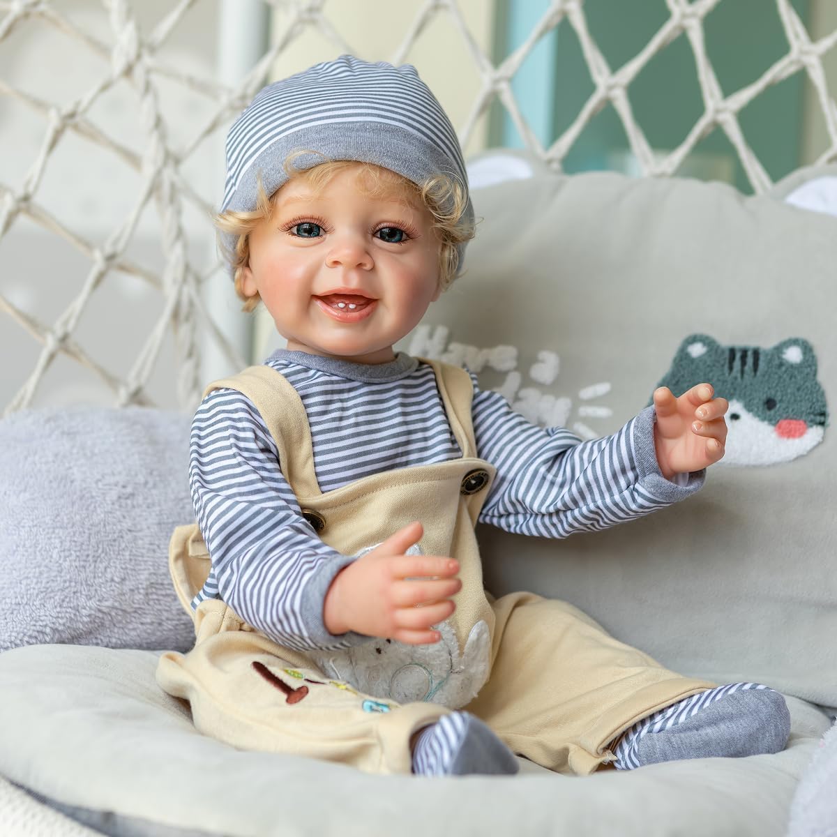 TERABITHIA 22" Rooted Blonde Curly Hair Lifelike Reborn Doll Silicone Vinyl Full Body Anatomically Correct Newborn Toddler Doll with Realistic Smile Boy Doll with Realistic Looking Teeth