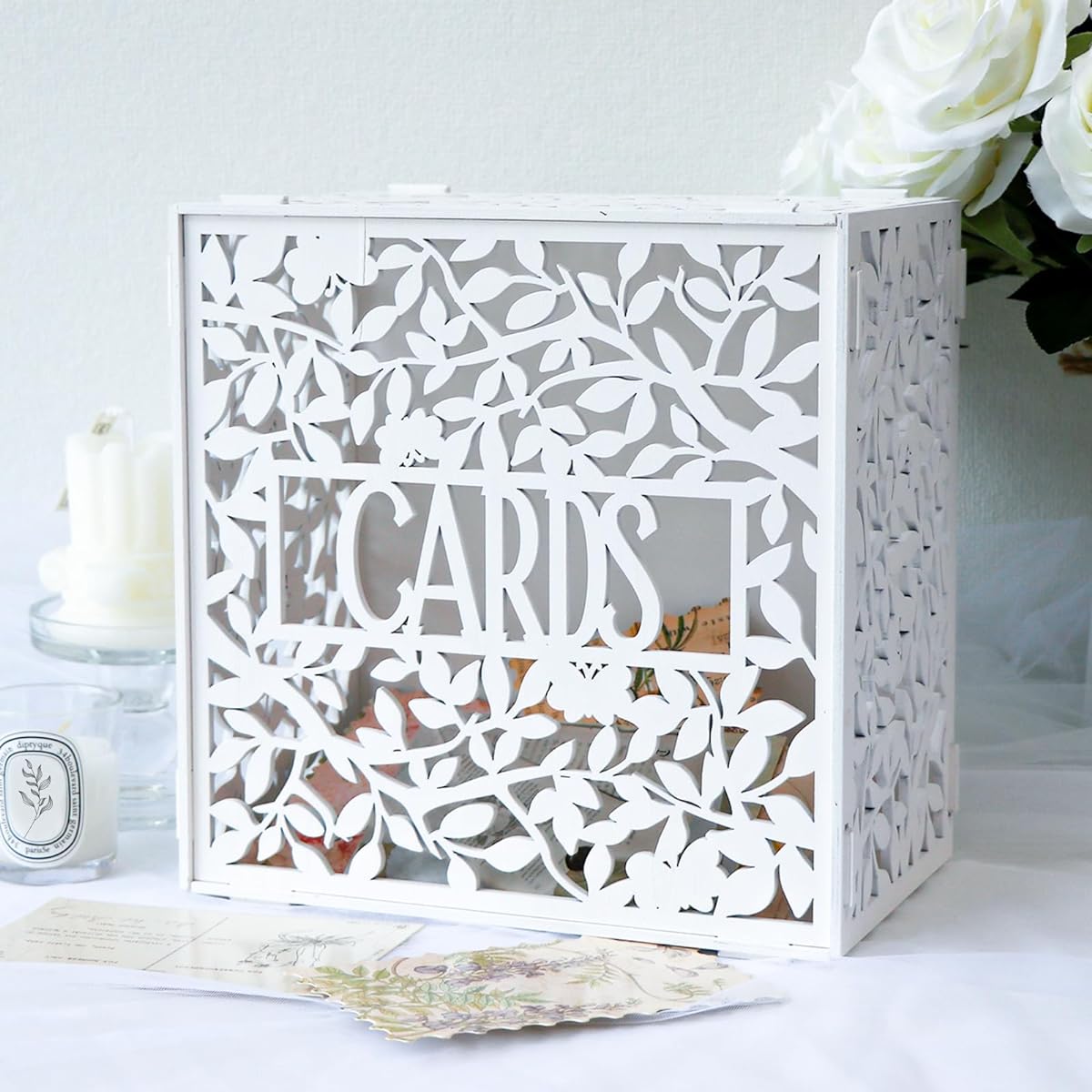 OurWarm White Wedding Card Box for Reception, Hollow Wooden Gift Card Box with Slots, DIY Wedding Memory Money Card Box for Party, Anniversary, Baby Shower, Birthday, Wedding Decorations