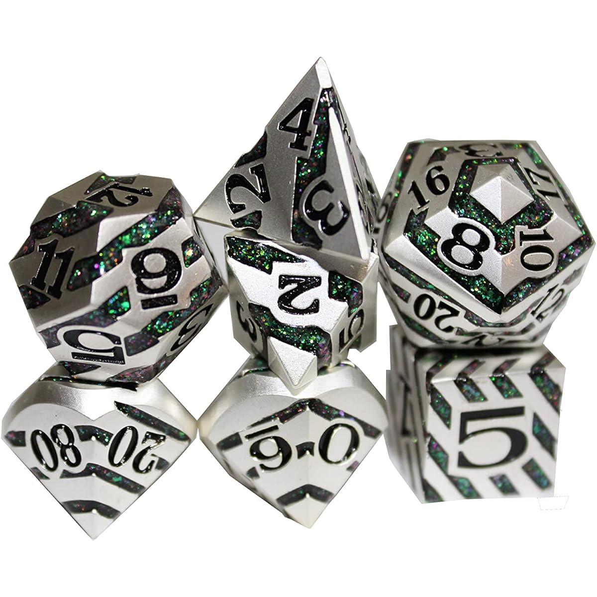 TINY GREMLIN Dice Dwarven Mining Dungeons & Dragons Dice Metal Swirl with Green Glitter Antique Silver
