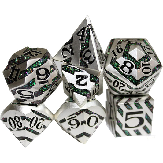 TINY GREMLIN Dice Dwarven Mining Dungeons & Dragons Dice Metal Swirl with Green Glitter Antique Silver