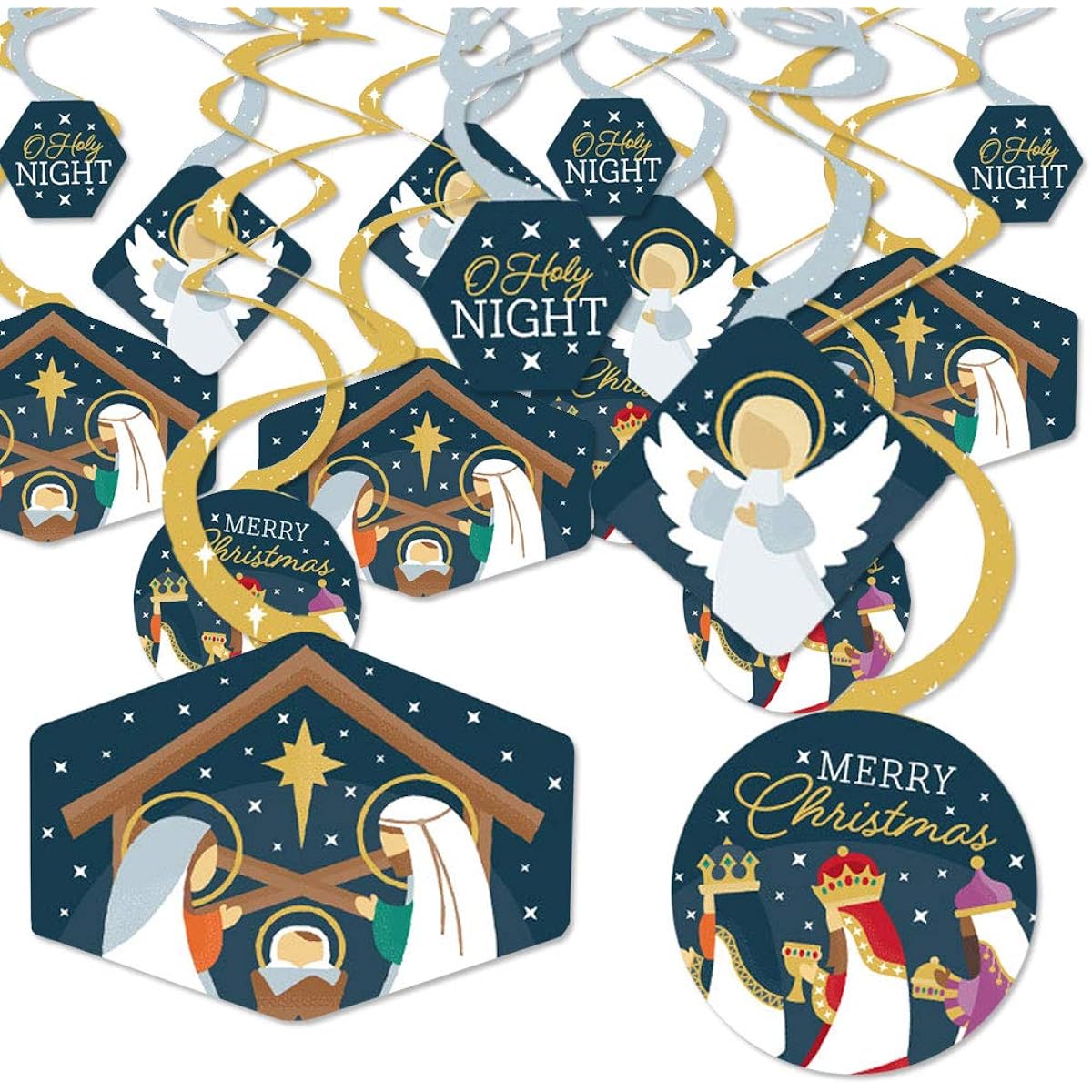 Big Dot of Happiness Holy Nativity - Pet Scene Religious Christmas Hanging Decor - Party Decorations Swirls - Set of 40