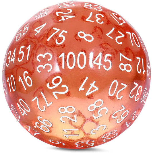 100-sided dice DND100 with Dungeons and Dragons translucent pouch (translucent orange and white numbers)