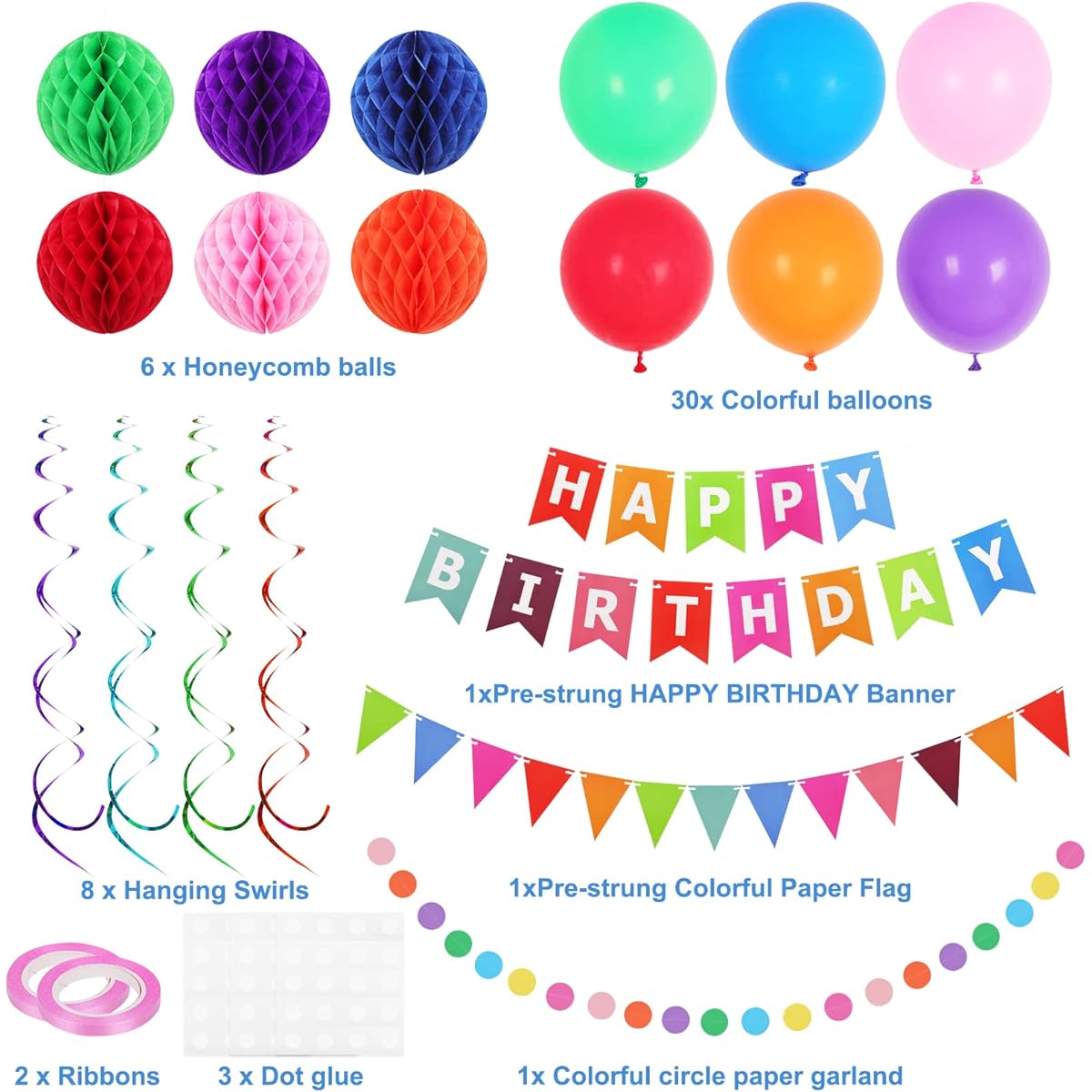 RUBFAC Rainbow Birthday Decorations Happy Birthday Banner, 6 Honeycomb Balls, 8 Metallic Hanging Swirls, Circle Paper Garland, 30 Balloons
