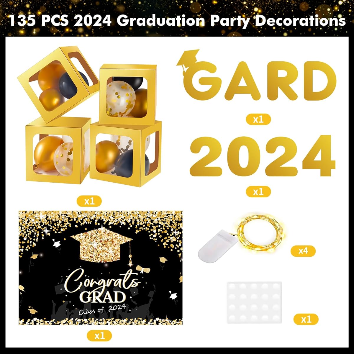 Graduation Decorations 2024 Graduation Party Decorations 2024 Gold Foil Curtain Graduation Balloon Box with Letters Balloon Garland Decoration Kit
