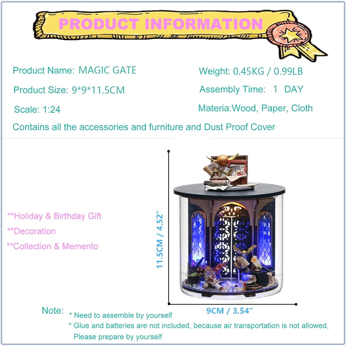 Roroom DIY Miniature Furniture Dollhouse Kit Mini 3D Wooden Dollhouse Craft Model with Dustproof Cover and LED for Valentine's Day Birthday Gift (Magic Gate)