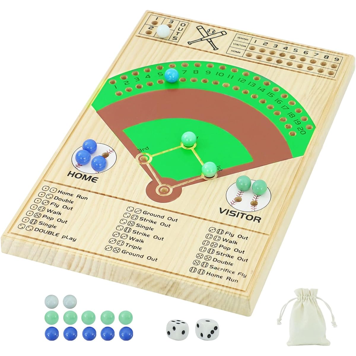 Jyquorp Baseball Dice Board Game, Thick Solid Wood Dice and Marble Board Game, Fun Color Pattern, Double Battle Table Game for Family Parties, Holiday Gatherings (Log Color)